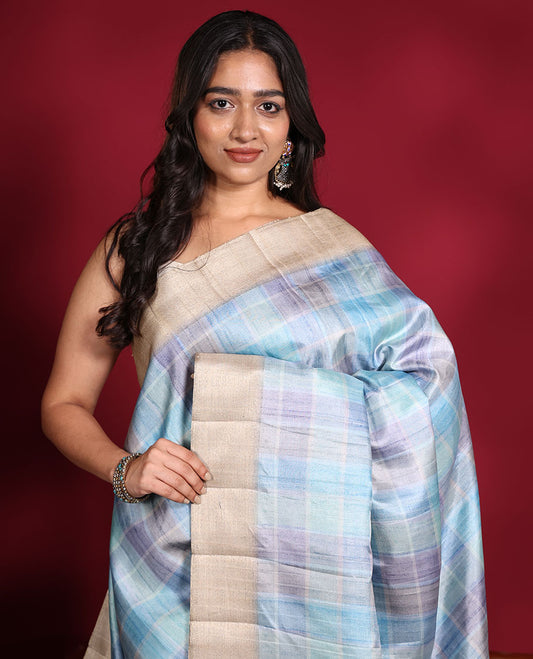 Blue Fancy Tussar Saree, Mesmerized with Checked Designs Printed on Its Body, Complemented by Contrast Textured Border, Patola Printed Pallu, and Paired with a Matching Printed Blouse