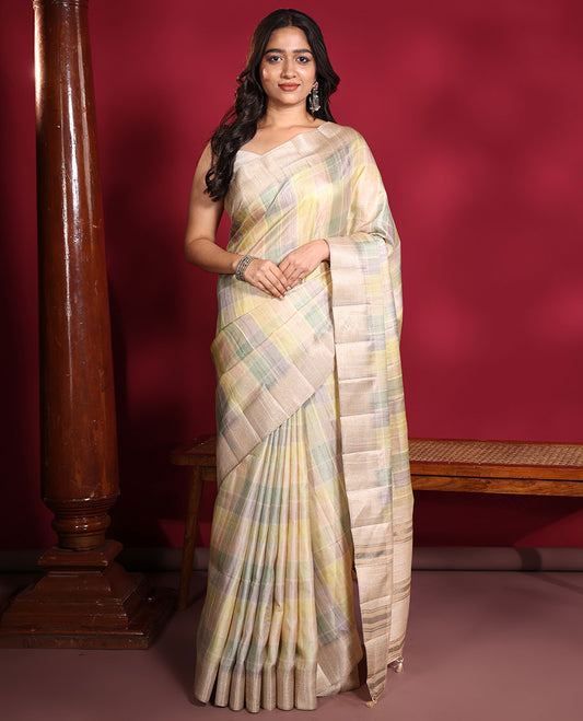 Pastel Multi-Color Fancy Tussar Saree, Subtly Sparkled with Checked Designs Printed on Its Body, Complemented by Contrast Textured Border, Patola Printed Pallu, and Paired with a Matching Printed Blouse