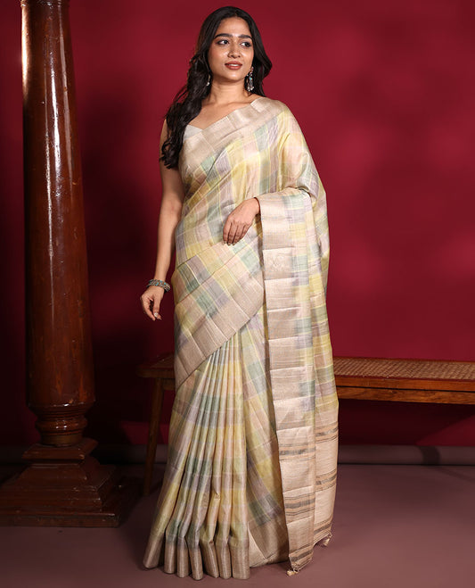 Pastel Multi-Color Fancy Tussar Saree, Subtly Sparkled with Checked Designs Printed on Its Body, Complemented by Contrast Textured Border, Patola Printed Pallu, and Paired with a Matching Printed Blouse