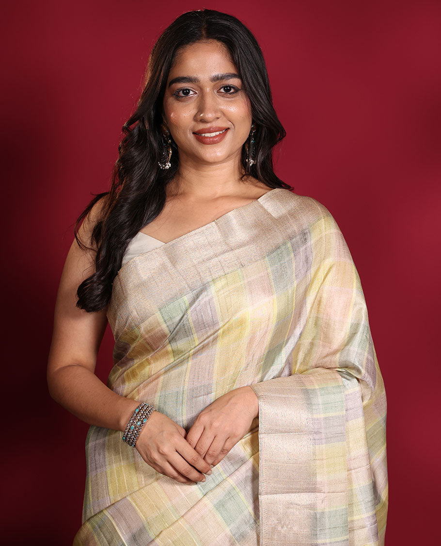 Pastel Multi-Color Fancy Tussar Saree, Subtly Sparkled with Checked Designs Printed on Its Body, Complemented by Contrast Textured Border, Patola Printed Pallu, and Paired with a Matching Printed Blouse