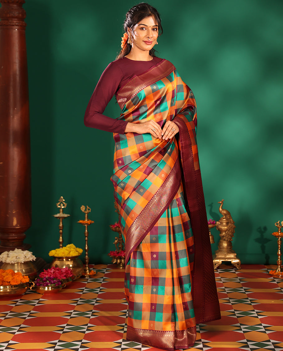 Wine Buttas-Checked Semi-Kanchi Silk Saree, a Traditional Border, Grand Pallu, Matching Blouse