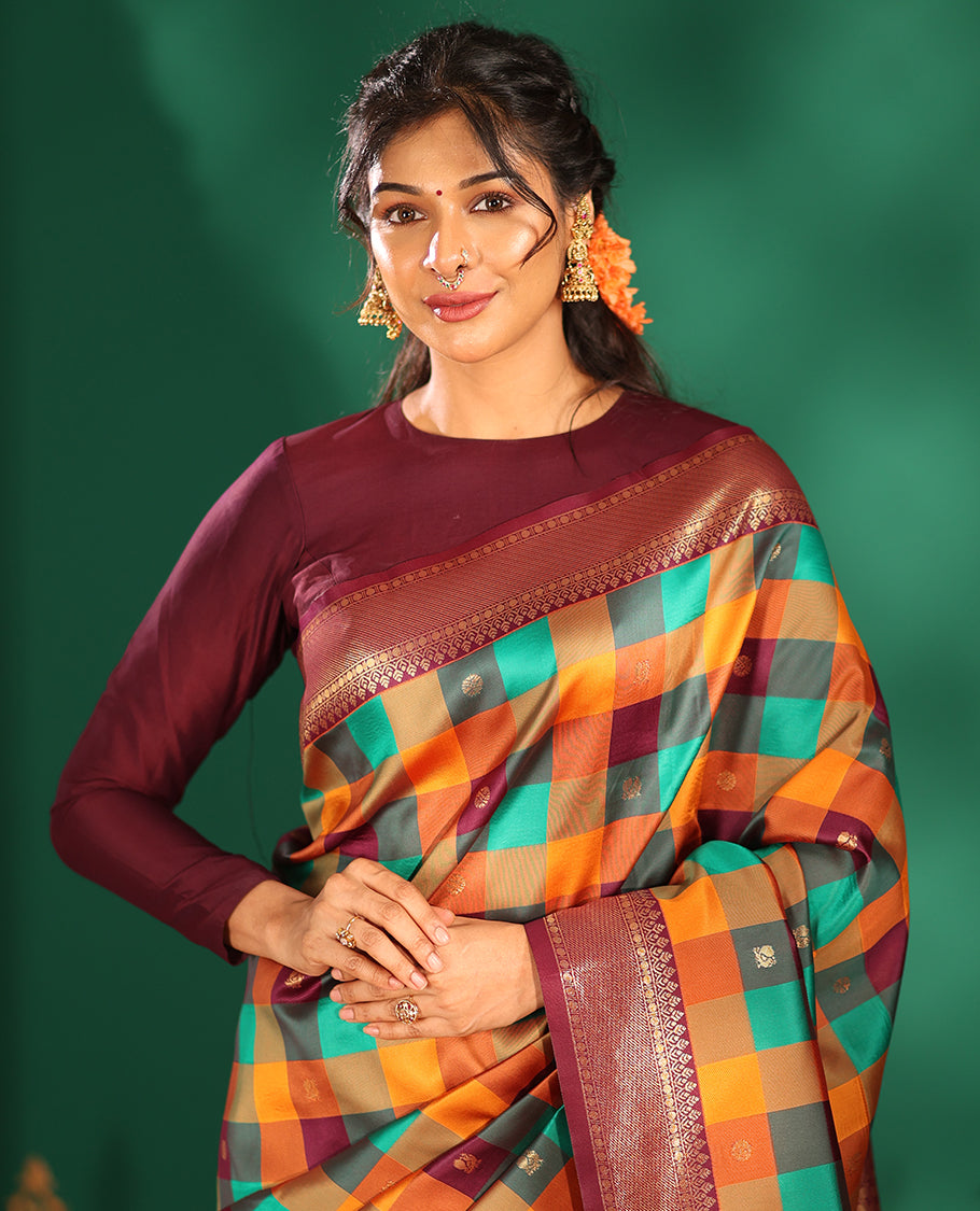 Wine Buttas-Checked Semi-Kanchi Silk Saree, a Traditional Border, Grand Pallu, Matching Blouse