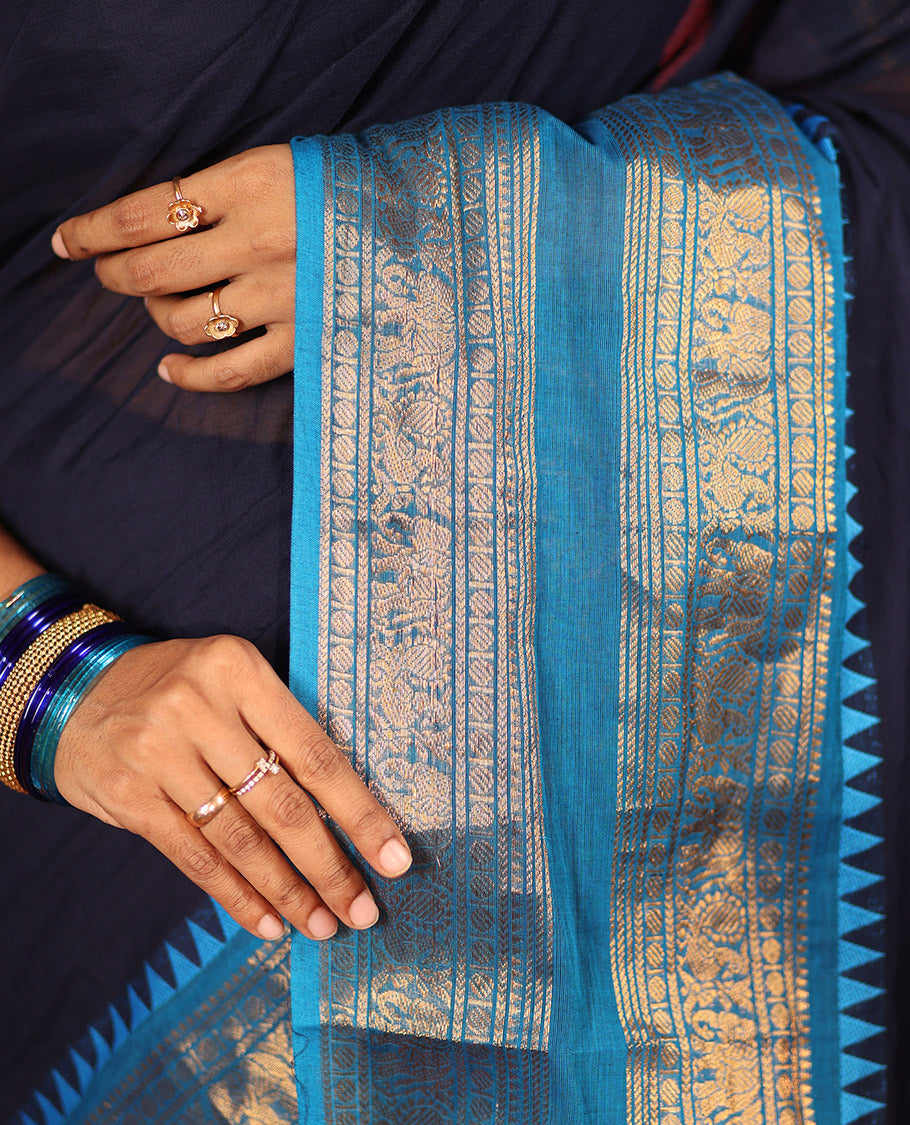 Navy Blue Chettinad Cotton Saree, Contrast Traditional Rettai Pettu Border, Striped Pallu, Matching Blouse