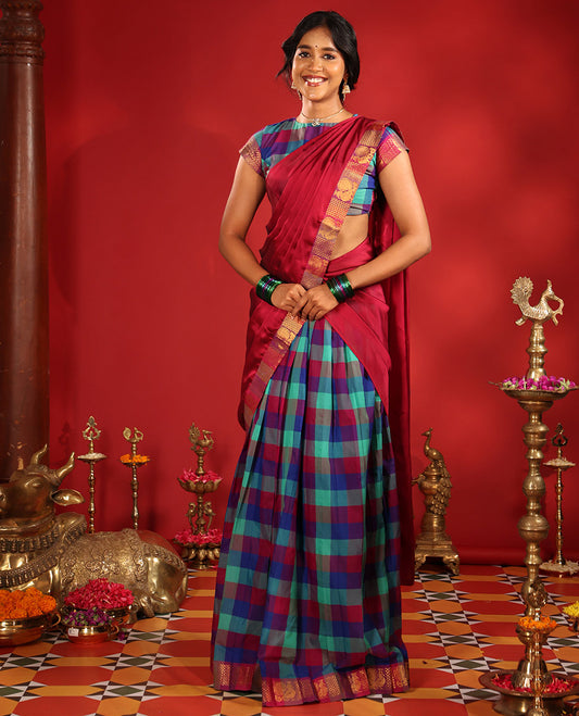 Multi-Color Checked Chettinad Cotton Half-Saree Features a Peacock Border, Matching Blouse, Contrast Dhavani