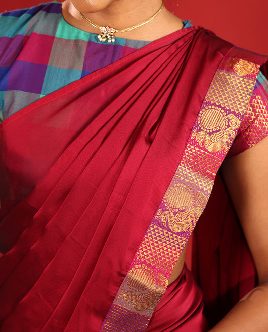 Multi-Color Checked Chettinad Cotton Half-Saree Features a Peacock Border, Matching Blouse, Contrast Dhavani