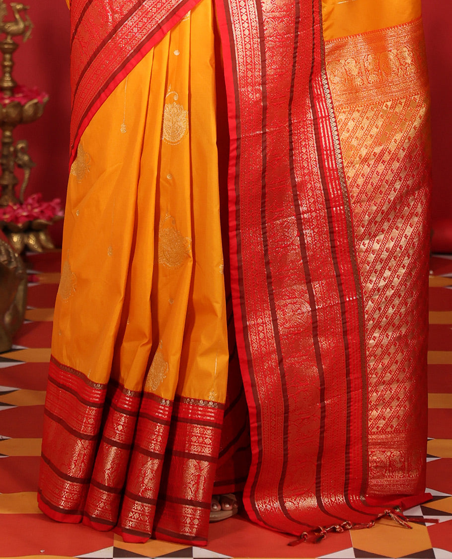 Mustard-Pink Zari Design Budget Silk Saree, a Contrast Traditional Zari Design Big Border, Grand Pallu, Contrast Blouse