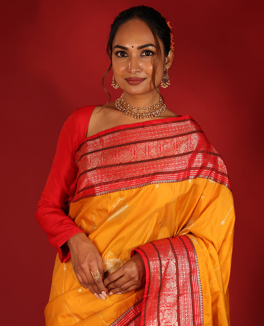 Mustard-Pink Zari Design Budget Silk Saree, a Contrast Traditional Zari Design Big Border, Grand Pallu, Contrast Blouse