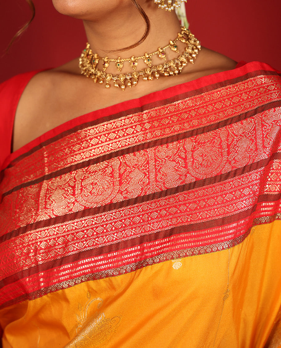 Mustard-Pink Zari Design Budget Silk Saree, a Contrast Traditional Zari Design Big Border, Grand Pallu, Contrast Blouse