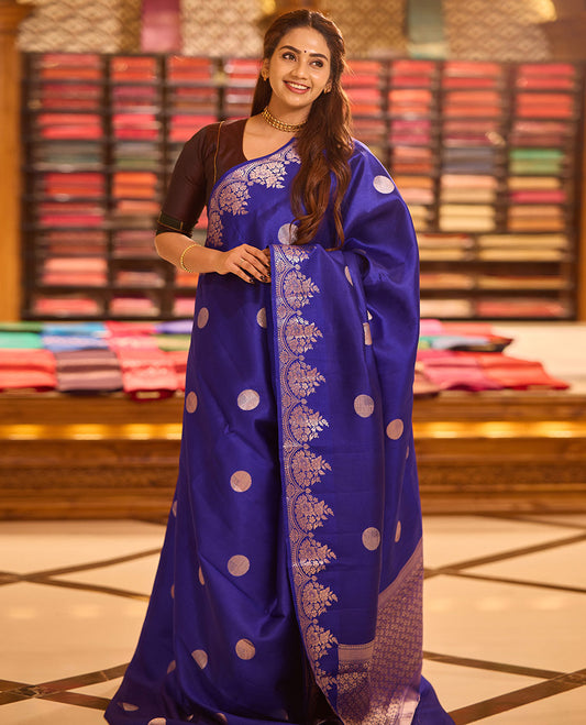 Blue polka dots zari buttas raw mango silk saree, floral zari design scallop border & grand pallu steeped with floral designs