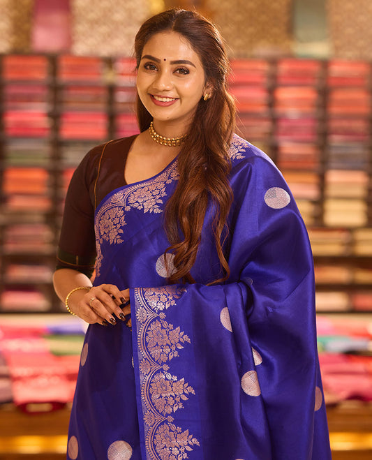 Blue polka dots zari buttas raw mango silk saree, floral zari design scallop border & grand pallu steeped with floral designs