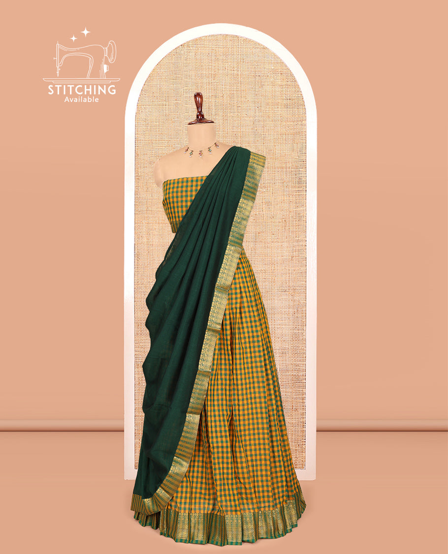 Yellow-Green Chettinad Cotton Micro-Checked Half-Saree, a Traditional Bordered Skirt, a Matching Blouse, Contrast Blouse