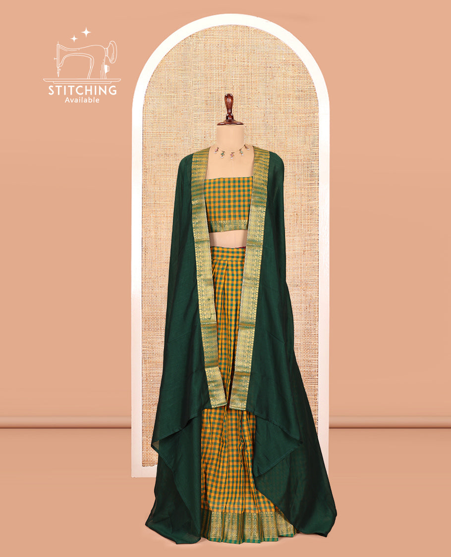 Yellow-Green Chettinad Cotton Micro-Checked Half-Saree, a Traditional Bordered Skirt, a Matching Blouse, Contrast Blouse