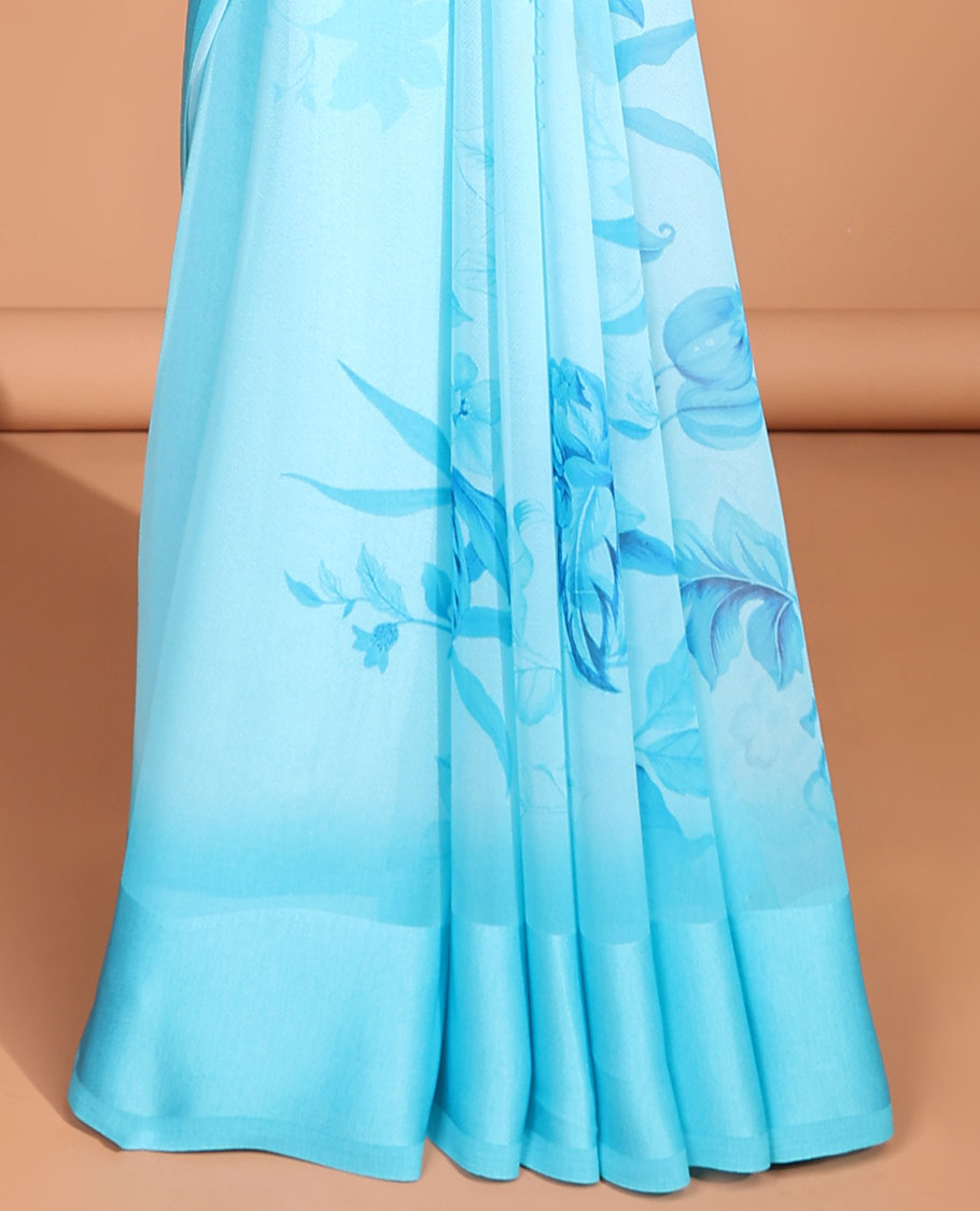 Blue digital floral print georgette saree with satin border & self pallu