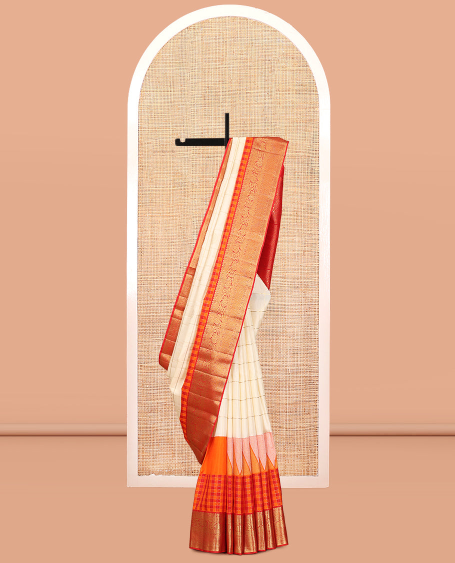 Cream Samudrika Silk Saree, Meticulously Crafted with Zari Butta Enclosed Checks, Contrast Checked Thazampoo Rekku Border of Kodi Visiry Designs, Grand Pallu, and a Contrast Blouse