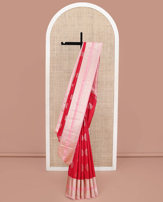 Red Budget Silk Saree, Artfully Detailed with Zari Buttas All Over Its Body, Complemented by Contrast Traditional Zari Design Rettai Pettu Border, Majestically Zari Detailed Pallu, and Paired with a Contrast Blouse
