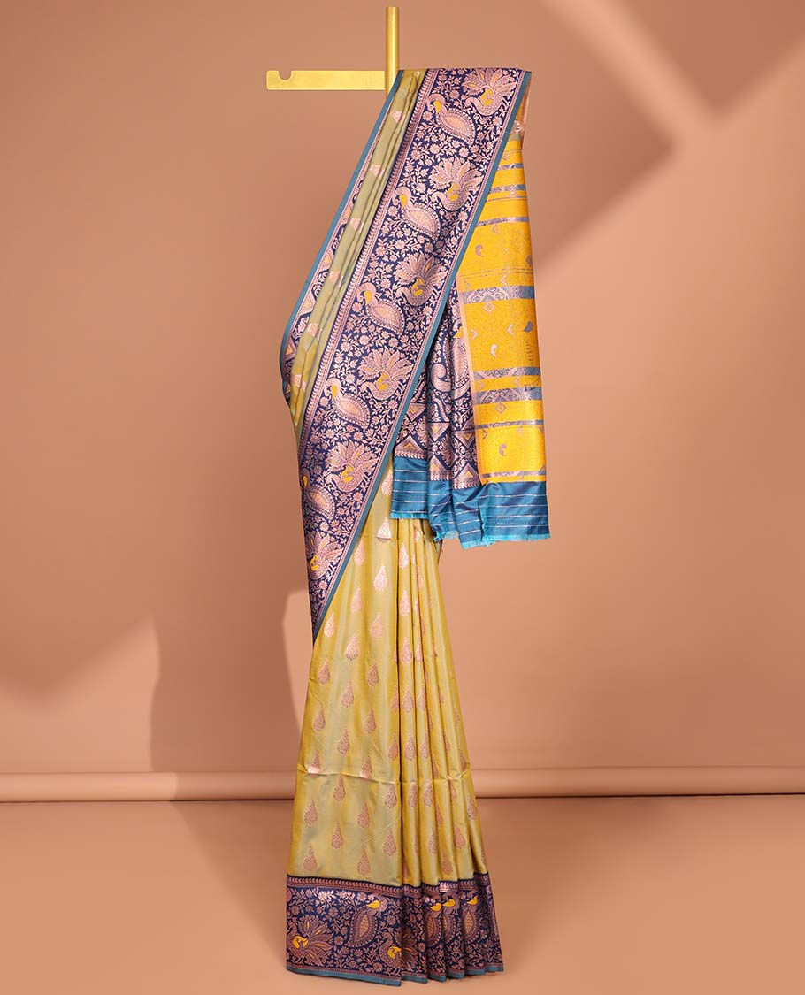 Green Zari buttas malbari soft silk saree with contrast meena border & meena buttas pallu