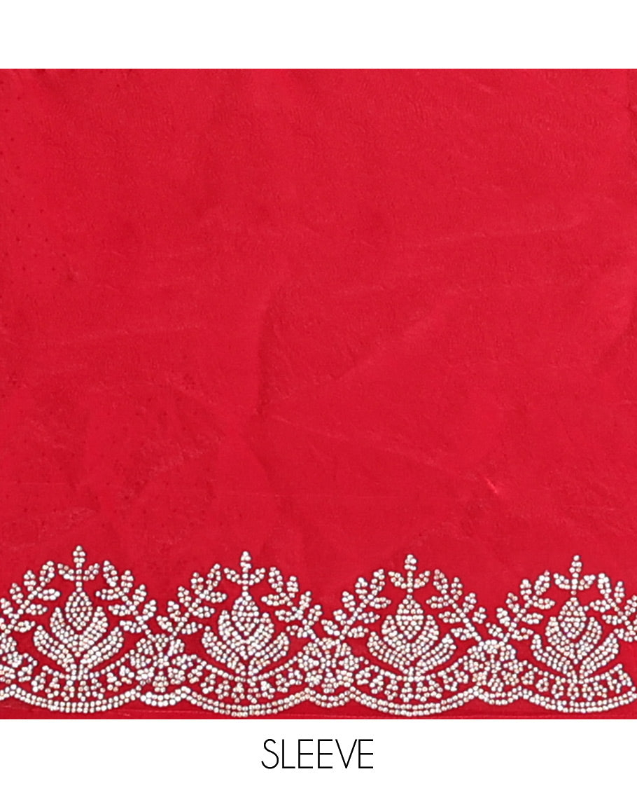 Red Designer Saree, Beautified with Stone Work On Its Body, Highlighted by Intricately Stone Work Border, and Paired with a Matching Blouse