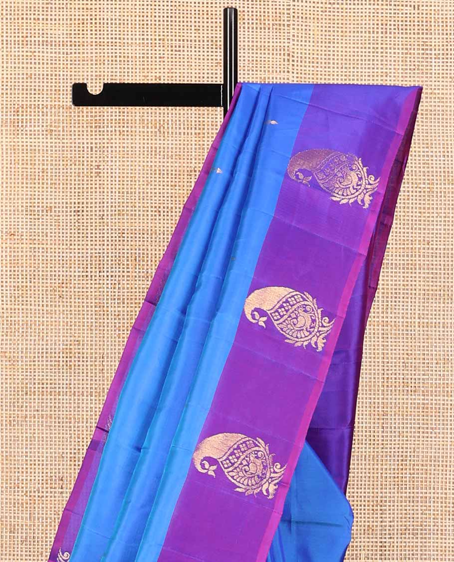 Blue floral design kancheepuram silk saree with contrast border of paisley design & floral design pallu