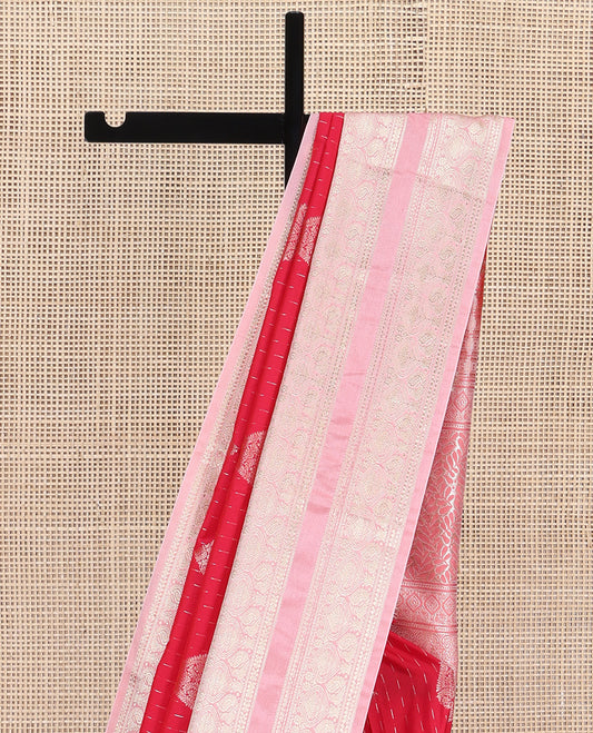 Red Budget Silk Saree, Artfully Detailed with Zari Buttas All Over Its Body, Complemented by Contrast Traditional Zari Design Rettai Pettu Border, Majestically Zari Detailed Pallu, and Paired with a Contrast Blouse