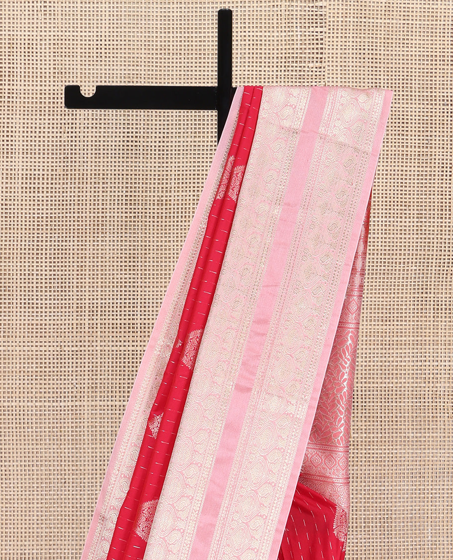Red Budget Silk Saree, Artfully Detailed with Zari Buttas All Over Its Body, Complemented by Contrast Traditional Zari Design Rettai Pettu Border, Majestically Zari Detailed Pallu, and Paired with a Contrast Blouse