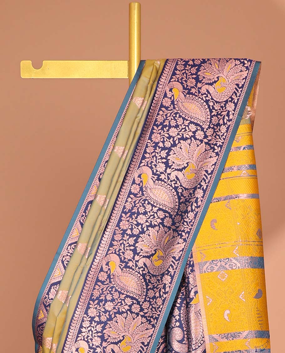Green Zari buttas malbari soft silk saree with contrast meena border & meena buttas pallu