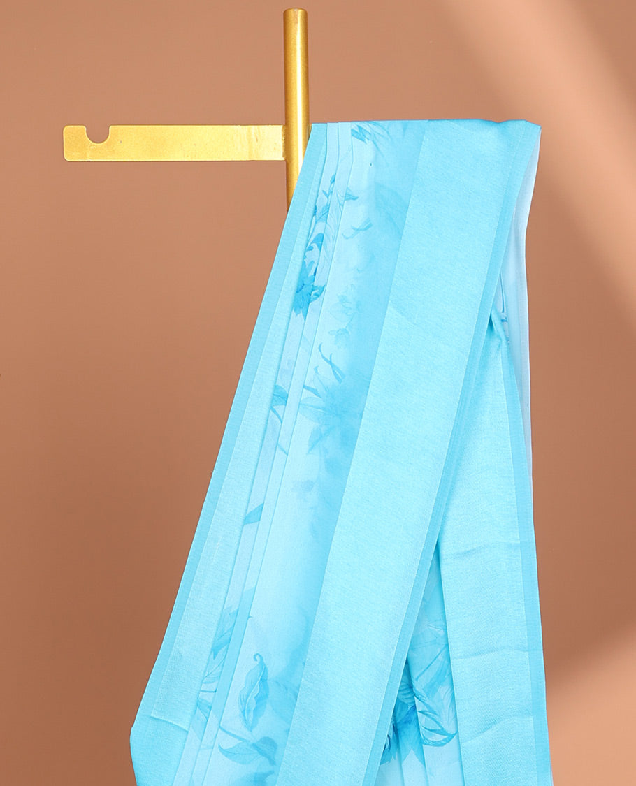 Blue digital floral print georgette saree with satin border & self pallu