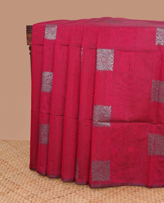 Borderless red geometric design semi silk saree with floral jaal design pallu