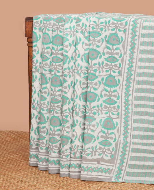 Cyan block floral  design mul mul cotton saree with contrast intricate design & floral motifs pallu