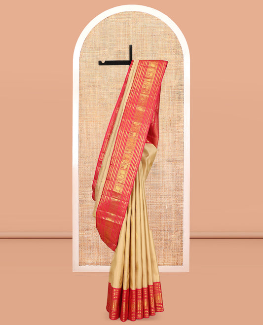Sandal Kanchipuram Silk Saree, Subtly Woven with Zari Buttas, a Contrast Korvai Border of Manga Mokku, Neli, Poun, Yaali, Yaanai, and Mayil Designs, Intricate Pallu, and a Contrast Blouse