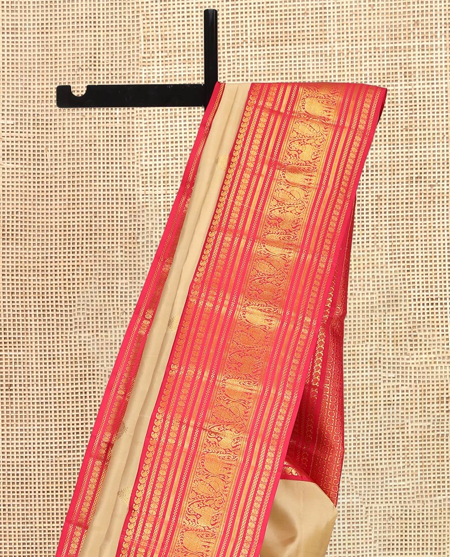 Sandal Kanchipuram Silk Saree, Subtly Woven with Zari Buttas, a Contrast Korvai Border of Manga Mokku, Neli, Poun, Yaali, Yaanai, and Mayil Designs, Intricate Pallu, and a Contrast Blouse