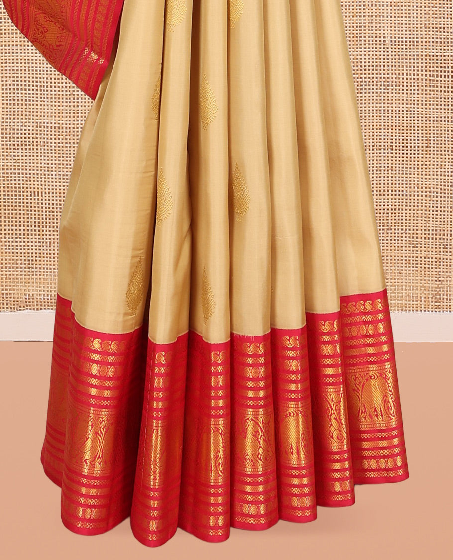 Sandal Kanchipuram Silk Saree, Subtly Woven with Zari Buttas, a Contrast Korvai Border of Manga Mokku, Neli, Poun, Yaali, Yaanai, and Mayil Designs, Intricate Pallu, and a Contrast Blouse