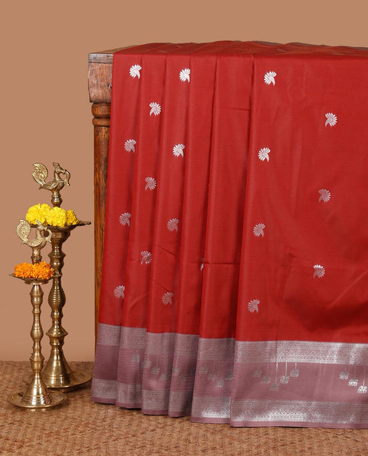 Red floral zari buttas semi-soft silk saree, contrast traditional motif zari border & pallu of paisleys & checks