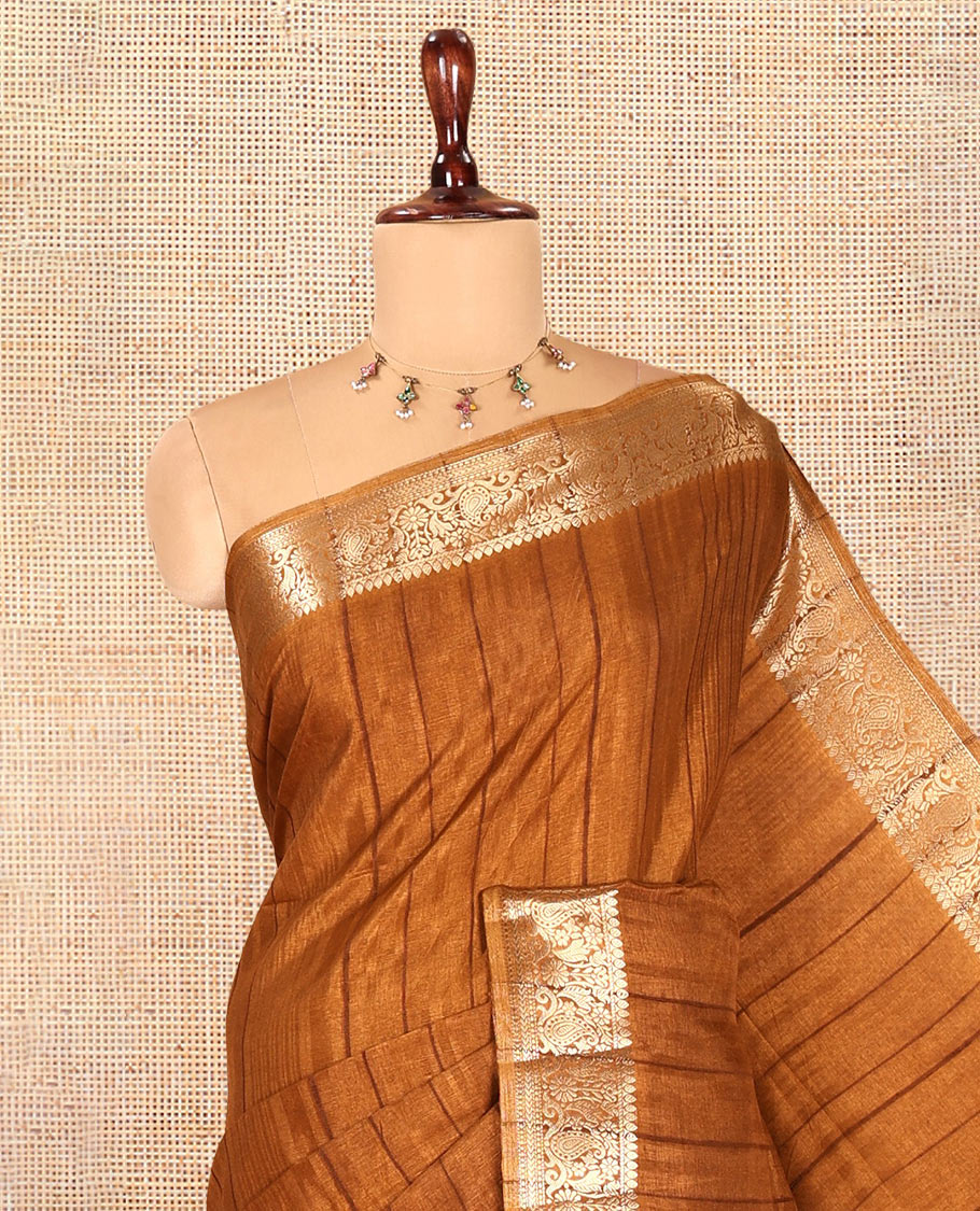 Golden Brown Fancy Tussar Saree, Floral-Paisley Border, Grand Pallu, a Contrast Printed Blouse, Matching Brocade Blouse