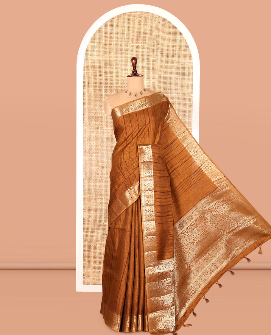 Golden Brown Fancy Tussar Saree, Floral-Paisley Border, Grand Pallu, a Contrast Printed Blouse, Matching Brocade Blouse