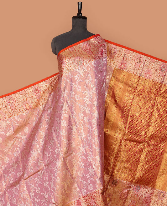 Pink floral jaal jacquard silk saree, contrast floral jaal & kili motifs meenakari zari border & kodi visiry & jaal pallu