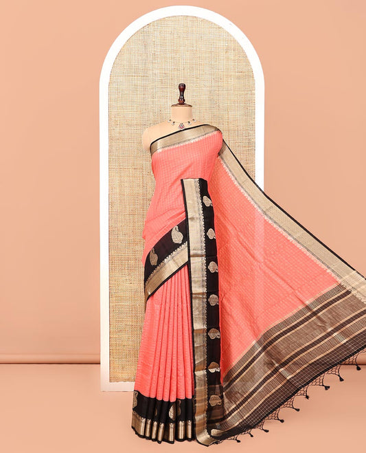 Peach Assam Silk Saree, Decorated with Checks, Complemented by Contrast Traditional Paisley Zari Design Border, Zari Striped Pallu, and a Contrast Blouse
