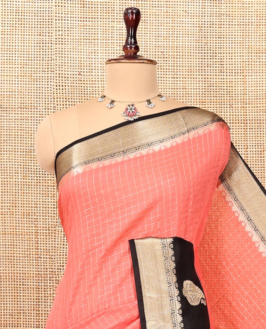 Peach Assam Silk Saree, Decorated with Checks, Complemented by Contrast Traditional Paisley Zari Design Border, Zari Striped Pallu, and a Contrast Blouse