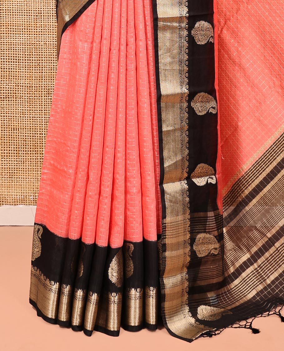 Peach Assam Silk Saree, Decorated with Checks, Complemented by Contrast Traditional Paisley Zari Design Border, Zari Striped Pallu, and a Contrast Blouse