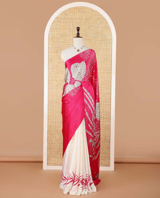Borderless pink half-and-half model satin saree with batik-style big floral motifs digital printed body and pallu