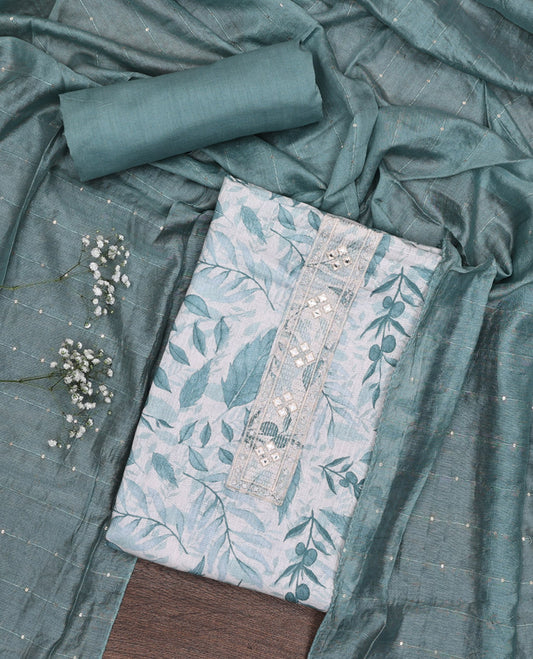 Blue Material Chudidar Set, Adorned with Abstract-Style Leaf Printed and Embroidery on Top, a Contrast Plain Bottom, and Paired with Sequins Striped Dupatta