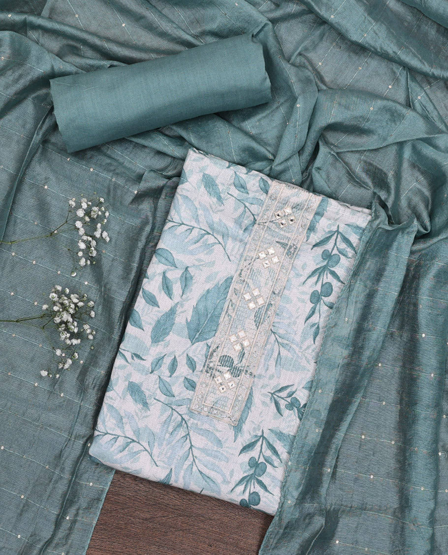 Blue Material Chudidar Set, Adorned with Abstract-Style Leaf Printed and Embroidery on Top, a Contrast Plain Bottom, and Paired with Sequins Striped Dupatta