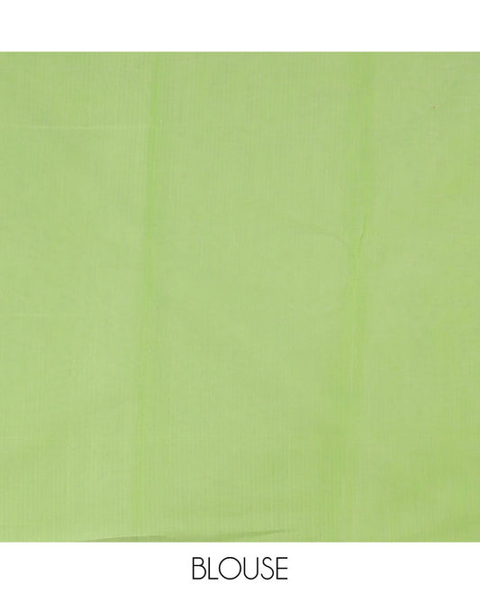 Borderless green chevron arrow buttas semi-silk cotton saree, contrast pallu steeped with 4-petal floral designs