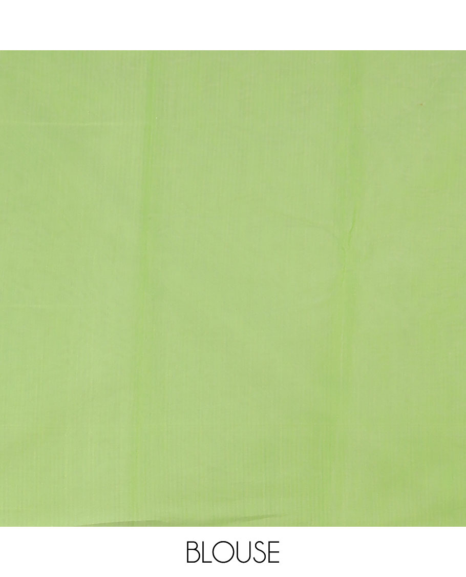 Borderless green chevron arrow buttas semi-silk cotton saree, contrast pallu steeped with 4-petal floral designs