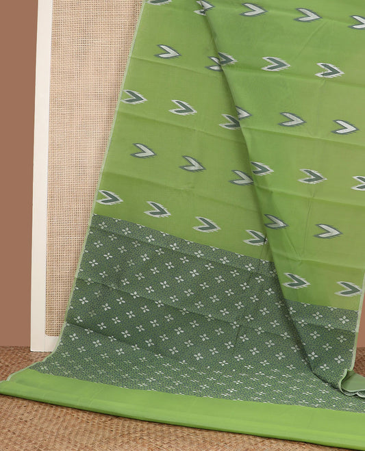 Borderless green chevron arrow buttas semi-silk cotton saree, contrast pallu steeped with 4-petal floral designs