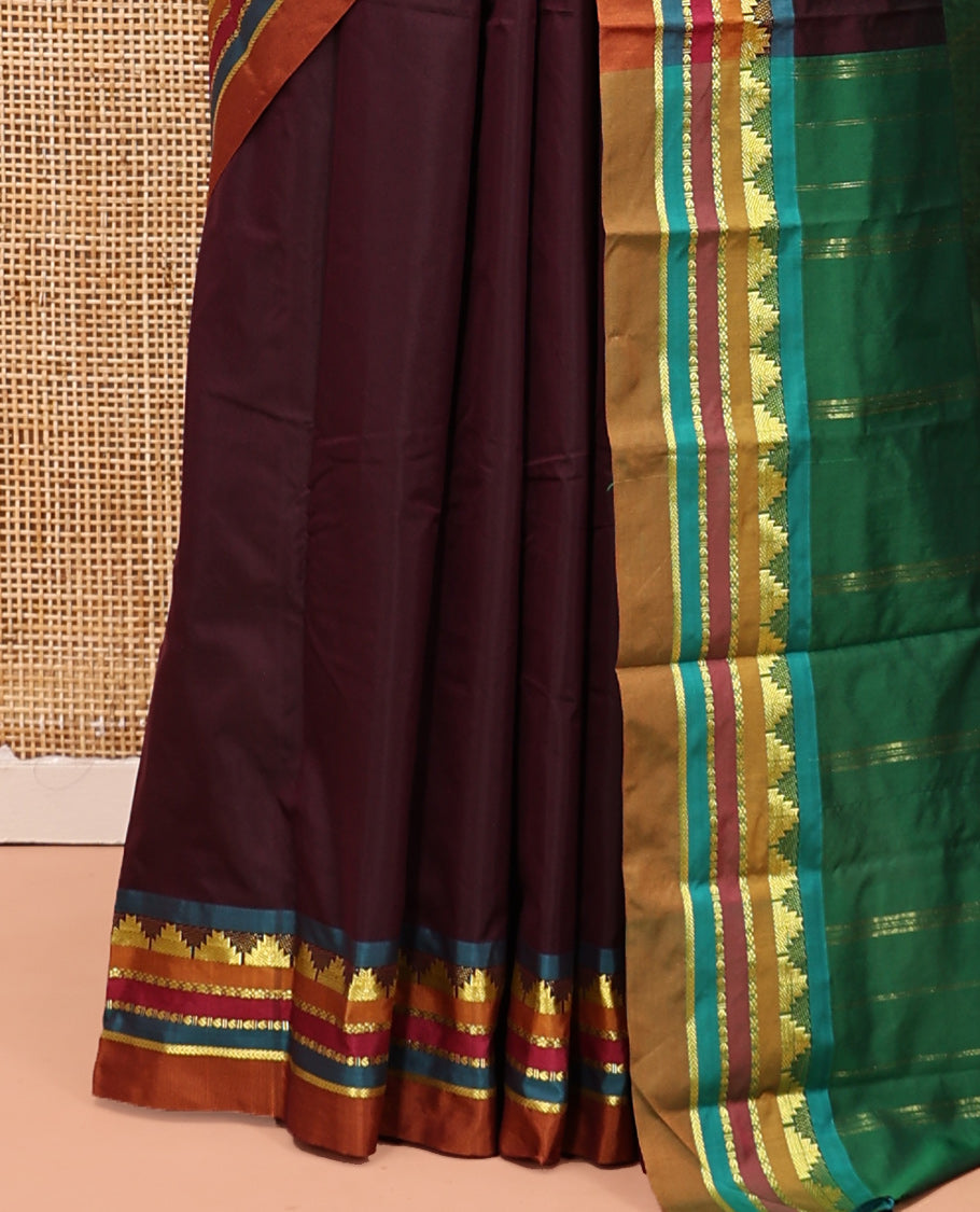 Brown Plain Arani Gift Saree, Complemented by a Contrast Traditional Zari Border, a Zari Striped Pallu, and a Contrast Blouse
