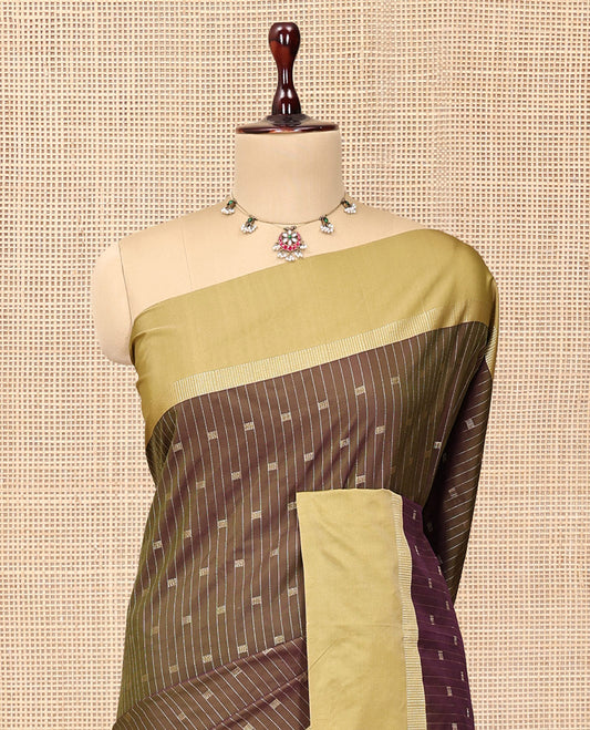 Green-Brown Arani Saree, Decorated with Zari Buttas and Stripes, a Contrast Zari Border, Pallu of Zari Designs, and a Matching Blouse