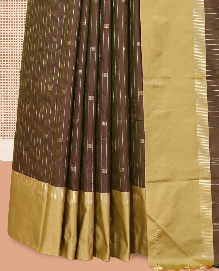 Green-Brown Arani Saree, Decorated with Zari Buttas and Stripes, a Contrast Zari Border, Pallu of Zari Designs, and a Matching Blouse