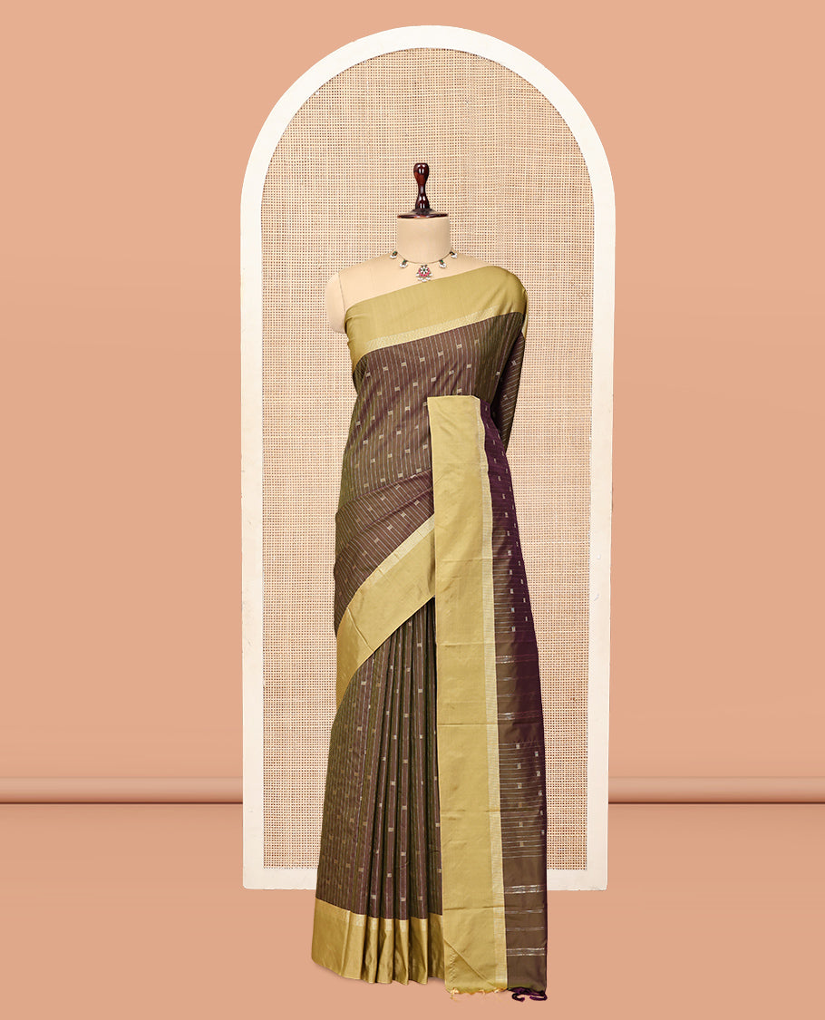 Green-Brown Arani Saree, Decorated with Zari Buttas and Stripes, a Contrast Zari Border, Pallu of Zari Designs, and a Matching Blouse