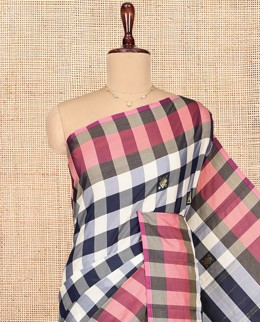Multi-Color Aarani Gift Saree, Adorned with Checked Design and Zari Buttas on Its Body, Complemented by a Contrast-Checked Border, Subtly Striped Pallu, and Paired with a Matching Blouse