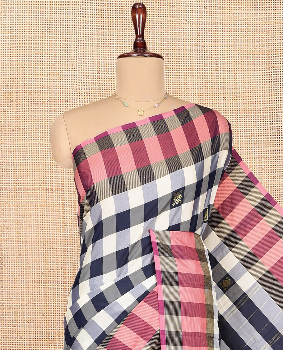 Multi-Color Aarani Gift Saree, Adorned with Checked Design and Zari Buttas on Its Body, Complemented by a Contrast-Checked Border, Subtly Striped Pallu, and Paired with a Matching Blouse